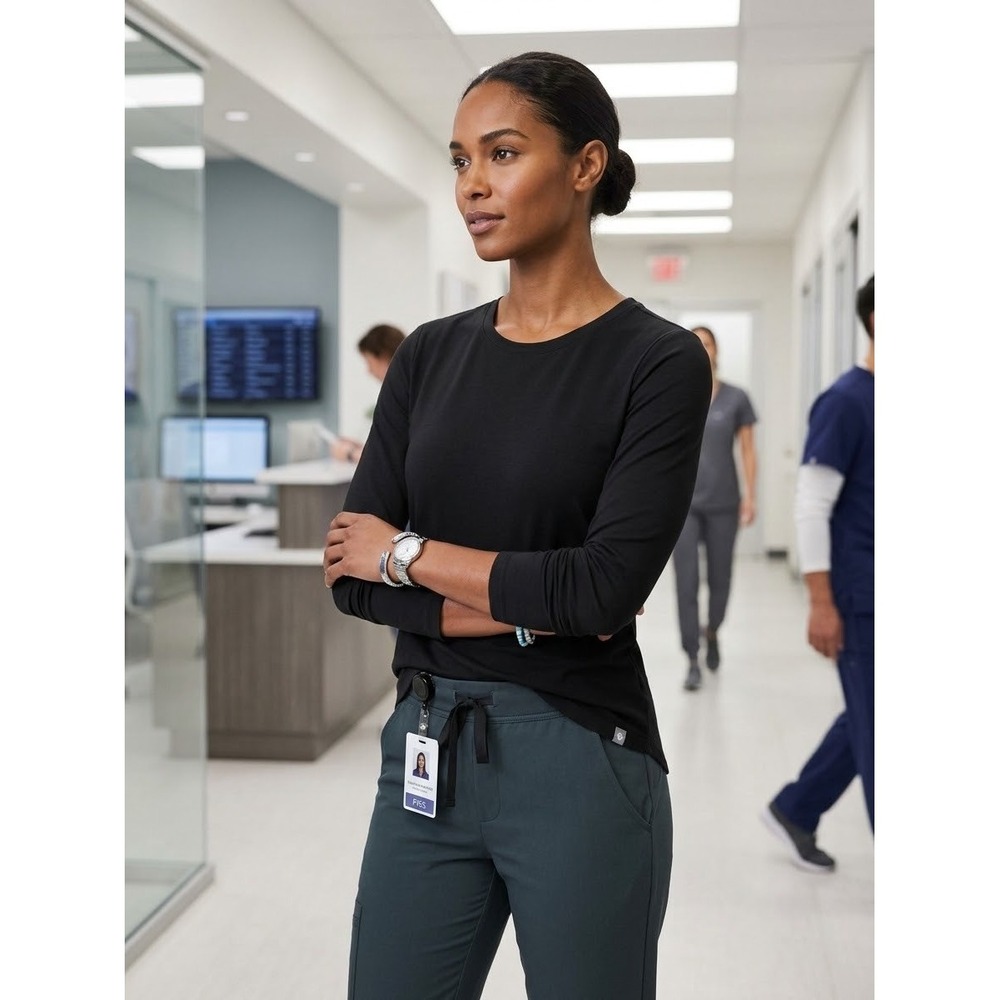 FIGS Super Soft Long Sleeve Underscrub Top Black Pima Cotton Modal WXXKW1002 M